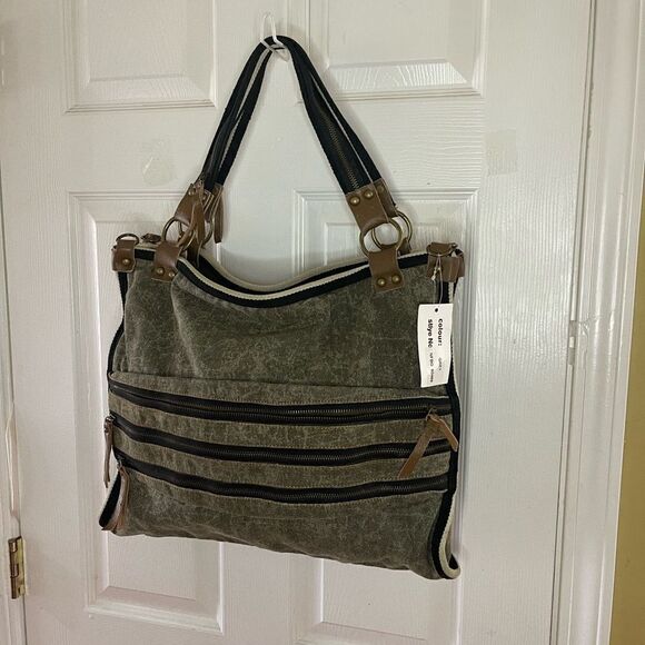 Uddini  grey distressed canvas large tote with brown faux leather trims - Picture 1 of 14